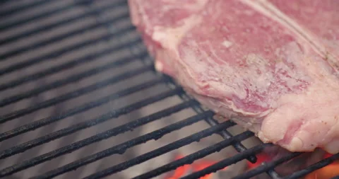 Slow Motion Pan Across Raw Seasoned Steak on Charcoal Grill Vídeo Stock 140999760