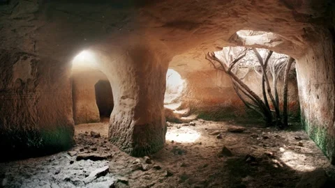 A slow motion pan in an ancient man made cave. Stock Footage 219313189