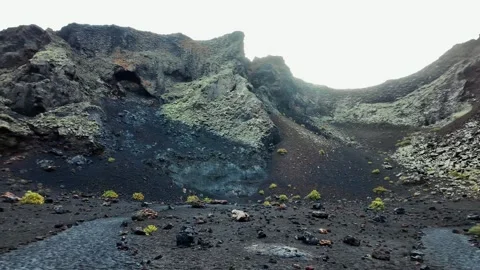 Slow motion pan of Caldera de Los Cuervos volcanic landscape, Lanzarote Stock Footage 346376869