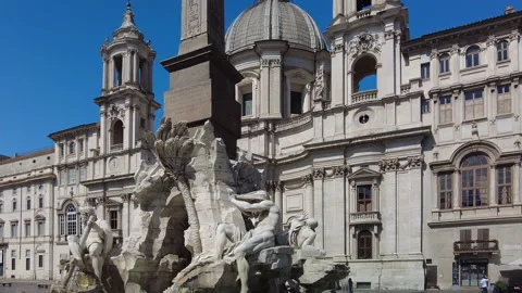 Slow motion pan, obelisk of the Fountain of the Four Rivers, Piazza Navona, Rome Stock Footage 160550737