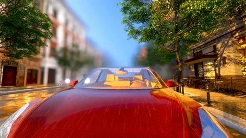 Slow motion pan of a red car with rain streaks on it Stock Footage 166037951