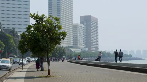 Slow motion pan shot of marin Drive Mumbai Stock Footage 241226282