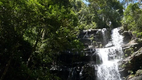 Slow motion Pan shot of a waterfall and its beautiful surroundings, India 動画素材 119414520