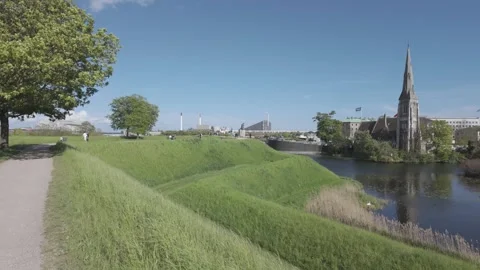 Slow motion pan to St Alban's Church spire, Copenhagen Stock Footage 341289128