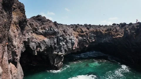 Slow motion pan of volcanic coastline at Los Hervideros, Lanzarote Stock Footage 346376001