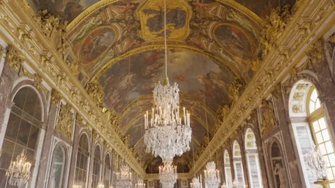 SLOW MOTION PANNING DOWN SHOT OF VERSAILLES CASTLE HALL Stock Footage 309204929