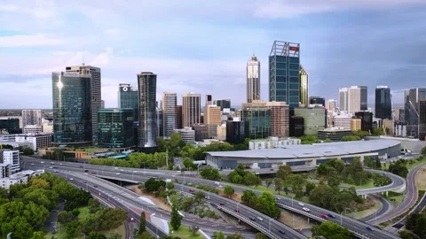 Slow motion panning drone shot of Perth City, Western Australia Stock Footage 337981822