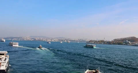 Slow motion panoramic view of Istanbul Bosphorus from Galata Bridge Stock Footage 296225809