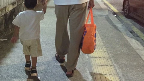 Slow Motion of Parent and Child Walking Together on Sidewalk with Grocery Bag Stock Footage 328833243