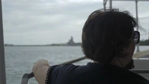Slow Motion Passenger On Navy Boat To USS Arizona Memorial, Pearl Harbor, Hawaii Stock Footage 154499683