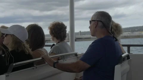 Slow Motion Passengers On Navy Boat, USS Arizona Memorial, Pearl Harbor, Hawaii Stock Footage 154499789