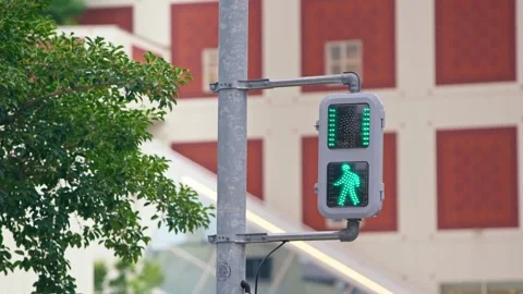 Slow motion pedestrian lights turning green on metallic industrial-style facade Stock Footage 321361623