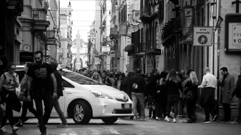 Slow Motion Pedestrians Walking Toward Piazza Navona Rome Italy Black and White Stock Footage 345148770
