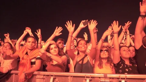 Slow motion of people jumping with their hands in the air at a music Stock Footage 107449809