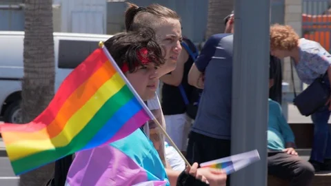 Slow Motion, People with rainbow flag on during Annual Gay Pride Parade, Tel Avi 스톡 동영상 111028089