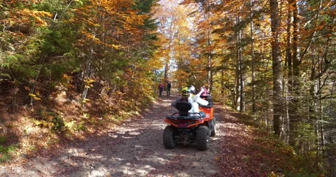 Slow Motion People rides on all-terrain vehicles in forest road in mountains Stock Footage 227707102