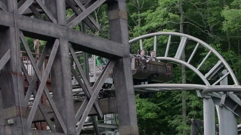 SLOW MOTION: People riding the roller coaster 4k Stock Footage 76529112