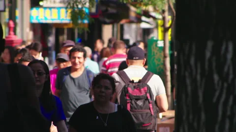 Slow Motion  - people on Sidewalk.  compression   Flushing, Queens   4K Stock Footage 141880952