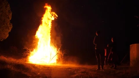 Slow Motion - People Stand And Watch Giant Bonfire Burn Stock Footage 195281862