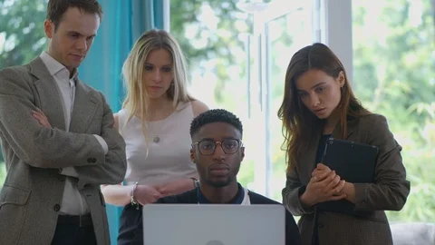 Slow motion people staring at screen emotionless fraud diverse Stock Footage 89870534