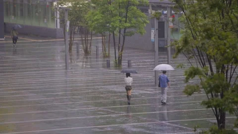 Slow motion of people walking with umbrellas in rain near Hakata Station Japan Stock Footage 321758706