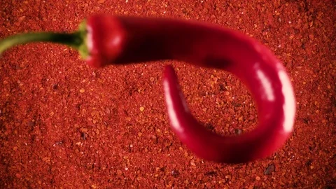 Slow motion pepper pods fall on powder top view Stock Footage 92854285