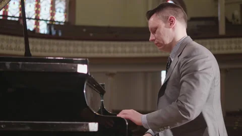 Slow Motion Pianist Sliding Camera Slow Motion, Classical Concert Music Perform Stock Footage 144710613