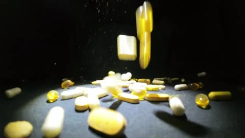 Slow Motion Pills Falling in Spot Light Stock Footage 287481807