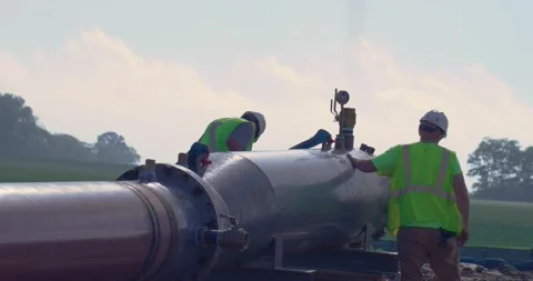 Slow Motion Pipeline Workers Stock Footage 201157476