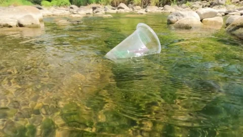Slow motion of plastic cup trash floating in the river Stock Footage 323042954