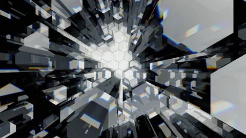 Slow motion of polygonal ice shapes in tints of neon light on a black background Video stock 124552203
