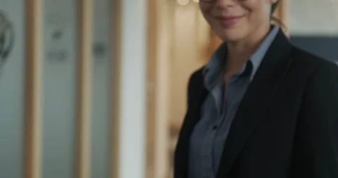 Slow Motion Portrait Closeup of Smiling Flirting Businesswoman in Office Stock Footage 100519858
