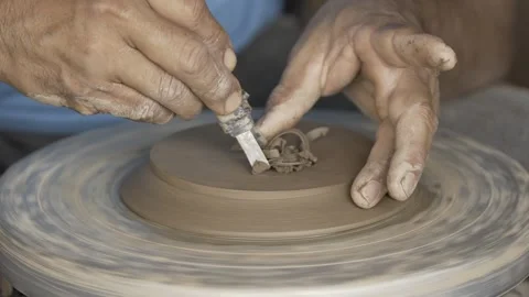 Slow Motion of Potter's Hands Shaping Clay on Wheel, Serra da Capivara Ceramic Stock Footage 321905011