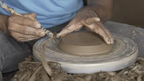 Slow Motion of Potter's Hands Shaping Clay on Wheel, Serra da Capivara Ceramic Stock Footage 321905018