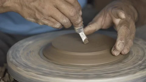 Slow Motion of Potter's Hands Shaping Clay on Wheel, Serra da Capivara Ceramic Stock Footage 321905020