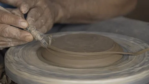 Slow Motion of Potter's Hands Shaping Clay on Wheel, Serra da Capivara Ceramic Stock Footage 321905040