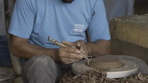 Slow Motion of Potter's Hands Shaping Clay on Wheel, Serra da Capivara Ceramic Stock Footage 321905055