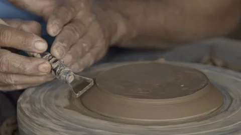 Slow Motion of Potter's Hands Shaping Clay on Wheel, Serra da Capivara Ceramic Stock Footage 321905057
