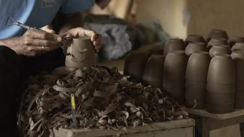 Slow Motion of Potter's Hands Shaping Clay on Wheel, Serra da Capivara Ceramic Stock Footage 321905073