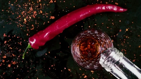 Slow motion pour vodka with pepper on a black background Video stock 92743818