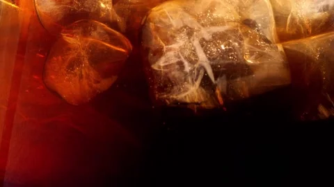 Slow Motion Of Pouring Drink With Ice Cubes Inside, Close-up 300 fps Stock Footage 151622893