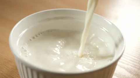 Slow motion pouring milk into an empty white bowl 스톡 동영상 294696525