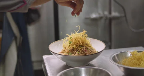 Slow-Motion Preparation of Gourmet Peruvian Shrimp Fried Rice Stock Footage 291314586