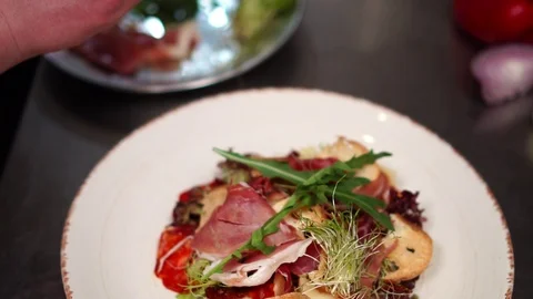 Slow motion process of creating healthy meal food presentation of fresh Stock Footage 106977746