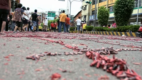 Slow Motion Procession Taiwanese With Red Firecrackers Explode Front Temple-Dan Stock Footage 91418147