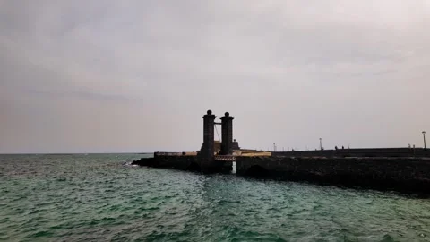 Slow motion pull out from Castillo de San Gabriel, Arrecife, Lanzarote Stock Footage 346375667