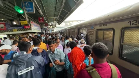 Slow Motion Railway Crowds Move to Board Train. 4K Stock Footage 249250786