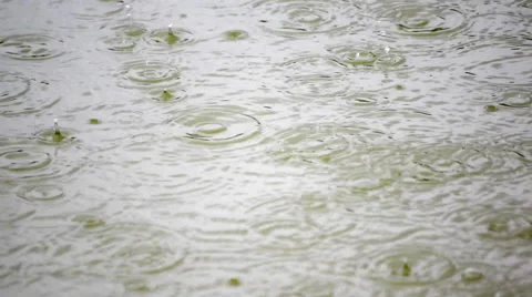 Slow motion of rain dropping on gray water surface. Calm rings in the pond Stock Footage 53795844