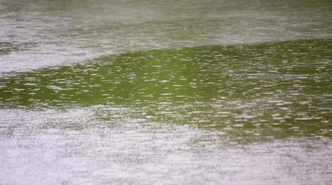 Slow motion of rain dropping on water with green tongue of smooth surface Stock Footage 52769878