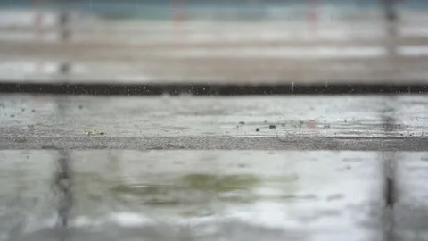 Slow motion rain falling on ground in beautiful dark day 動画素材 115089370